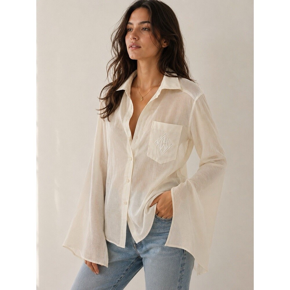 RALPH LAUREN Purple Label Size 4 White Button Up Sheer Blouse Quiet Luxury